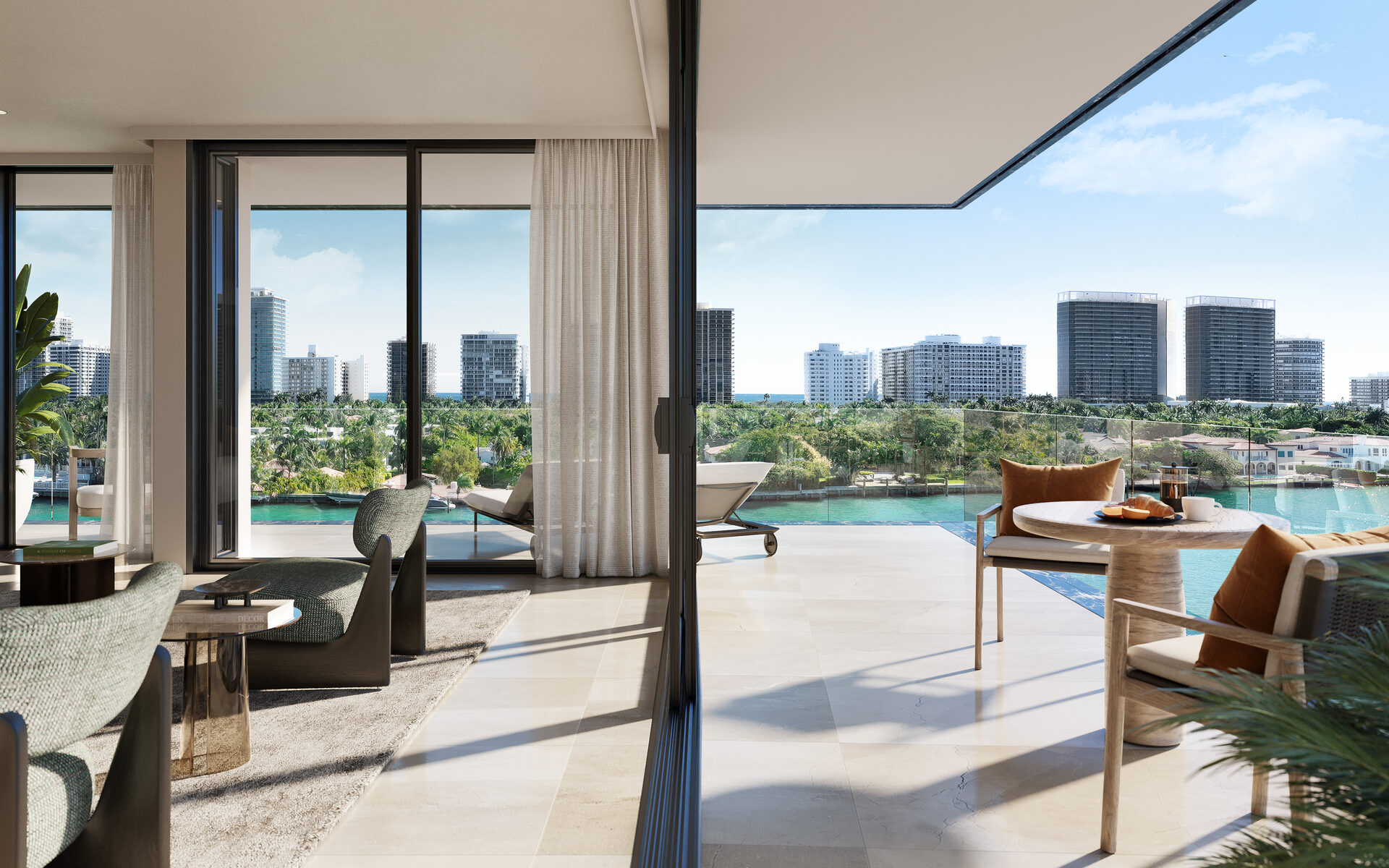Flow-through residence terrace at Bay Harbor Towers overlooking Indian Creek
