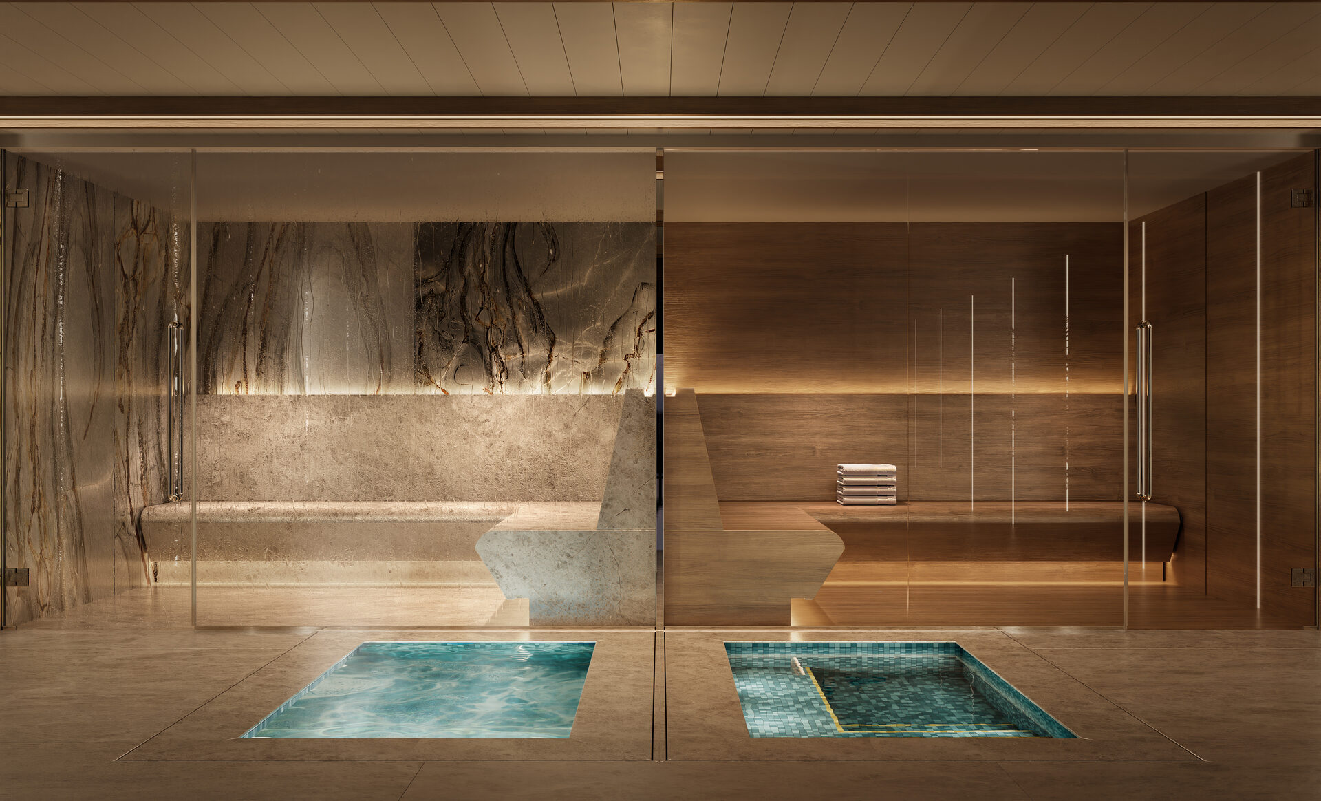 Hot and cold plunge pools with sauna and steam