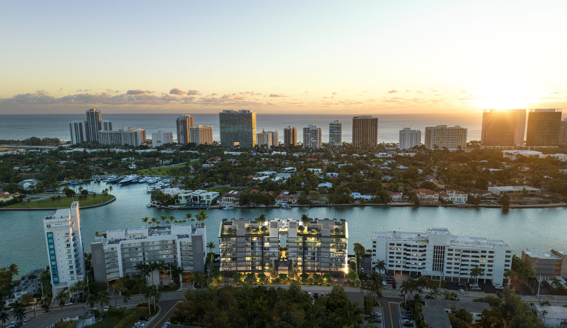 Bay Harbor Towers exterior at sunset over Indian Creek