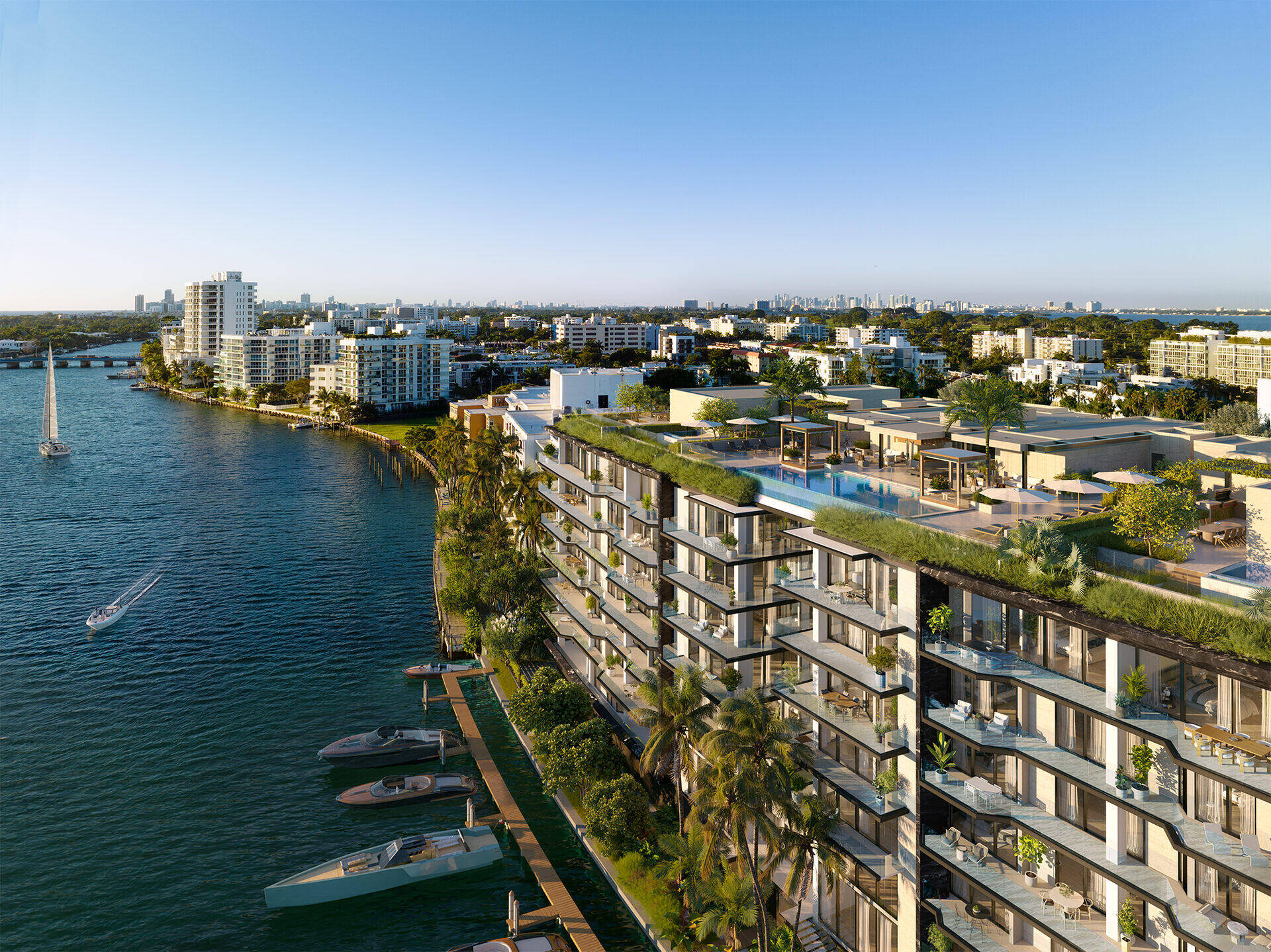 Bay Harbor Towers, an elevated view along the waterfront facade and docks, developer rendering