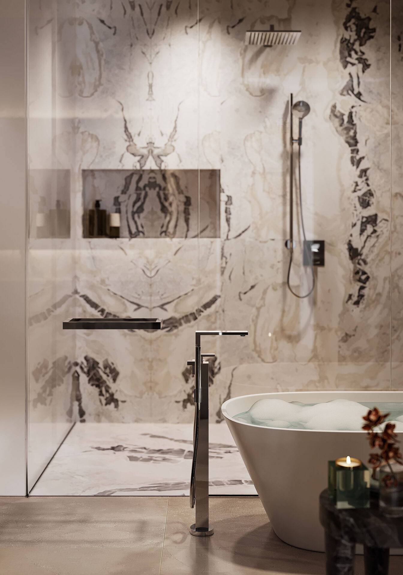 Bay Harbor Towers, a freestanding bathtub beside a stone-lined shower, developer rendering