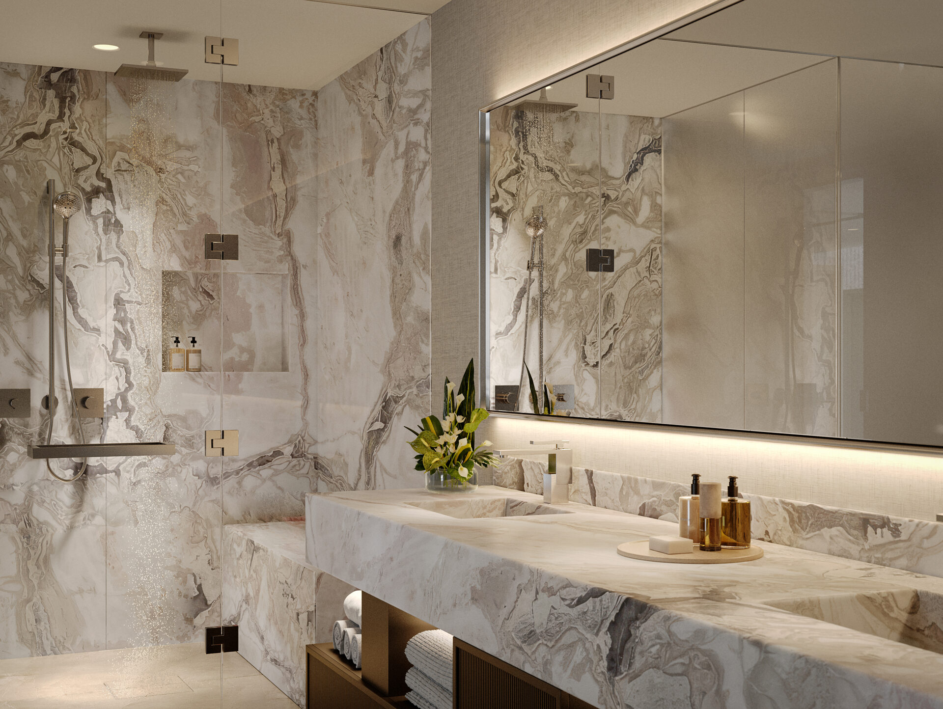 Bay Harbor Towers, a bathroom vanity and glass-enclosed shower, developer rendering
