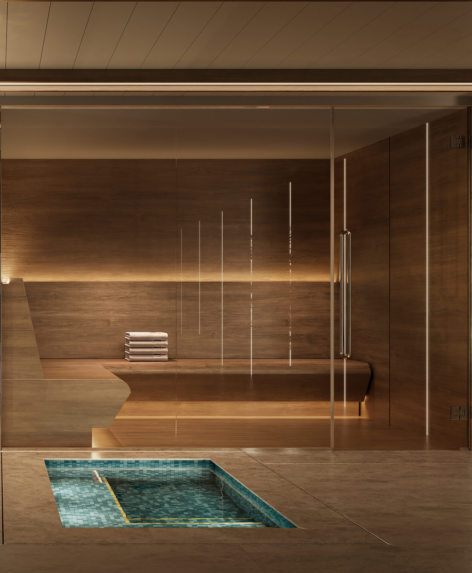 Bay Harbor Towers, a closer view of the plunge pool and bench in a wood-lined room, developer rendering