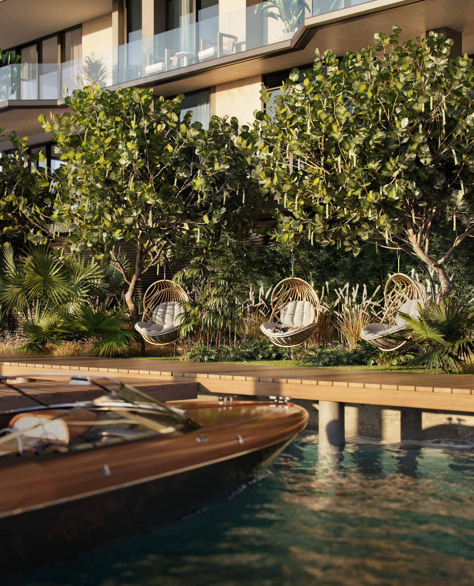 Bay Harbor Towers, suspended garden chairs beside the waterfront dock, developer rendering