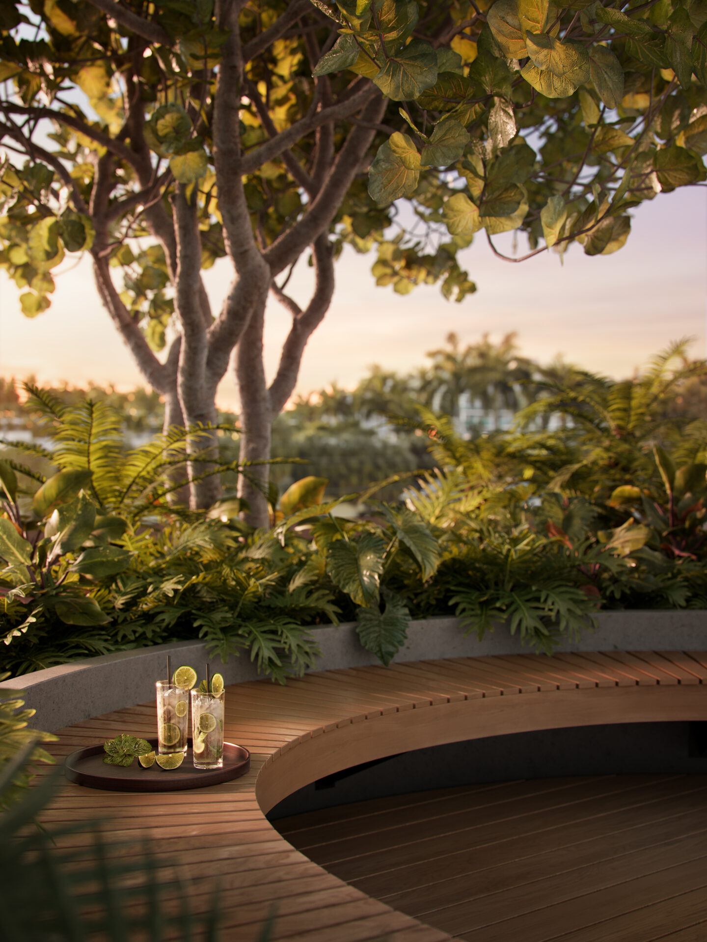 Bay Harbor Towers, curved outdoor seating beneath trees, developer rendering
